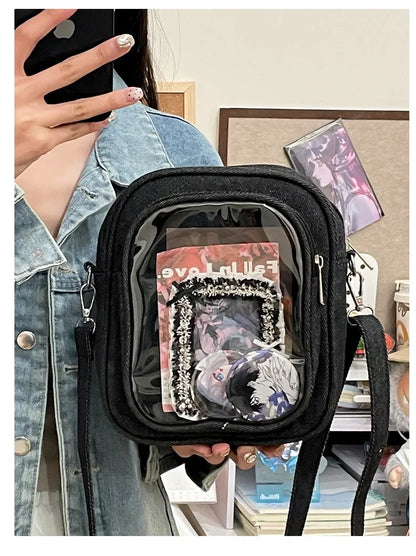 New Denim Ulzzang Ita Bags Female Transparent Badge Doll Show Crossbody Shoulder Bag Individuality Designer 2 Sides Bolso Mujer