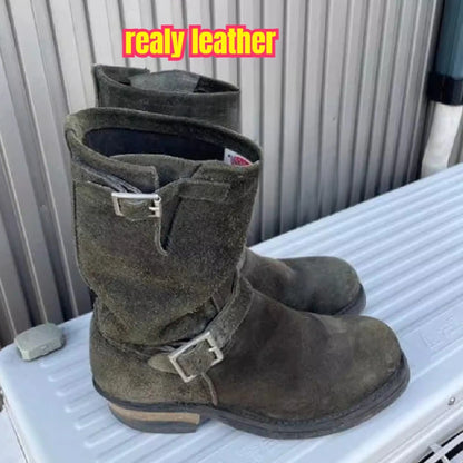 Hot Dark Green Handmade Vintage Khaki Suede Work Boots Men and Women Engineer Shoes American Retro Moto Faded Mid-Calf Boot