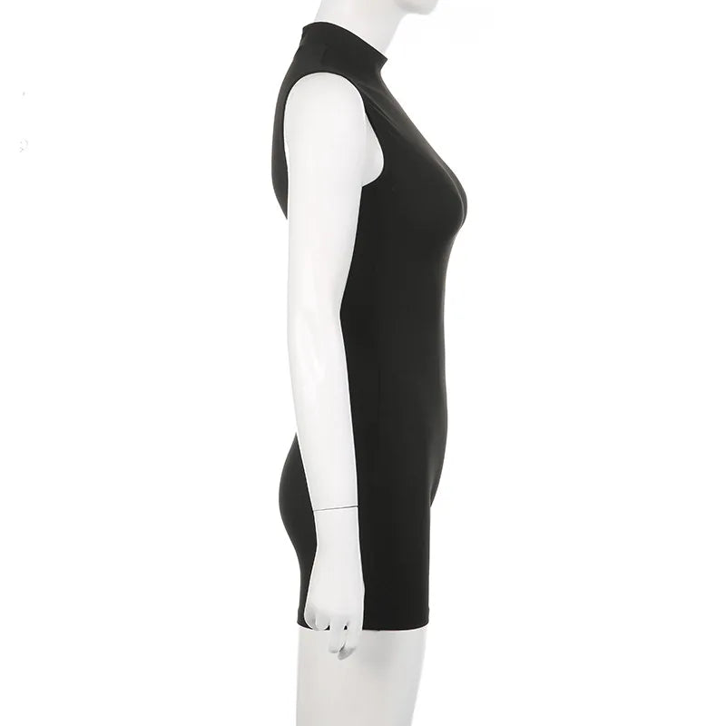 Turtleneck Bodycon Playsuit One-Pieces Shorts Sexy Rompers Womens Jumpsuit Black Combinaison Femme Zipper Ropa Mujer Sleeveless