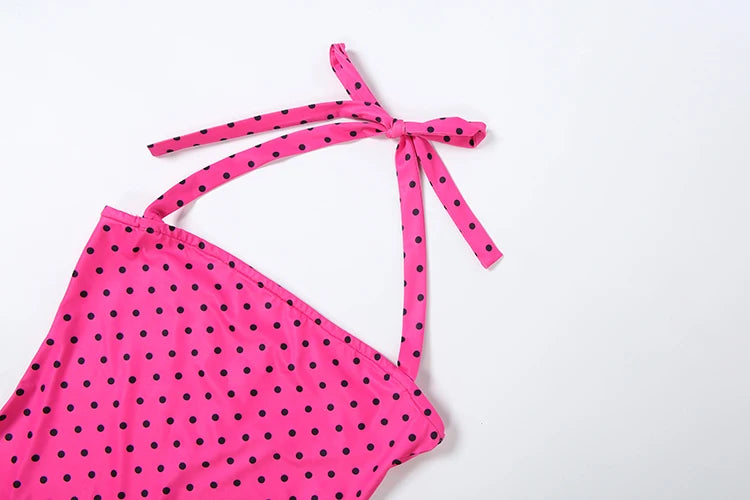 Weird Puss Sexy Backless Rompers Woman Polka Dot Print Bandage Halter Sleeveless Skinny Peach Hip High Street Fashion Playsuits