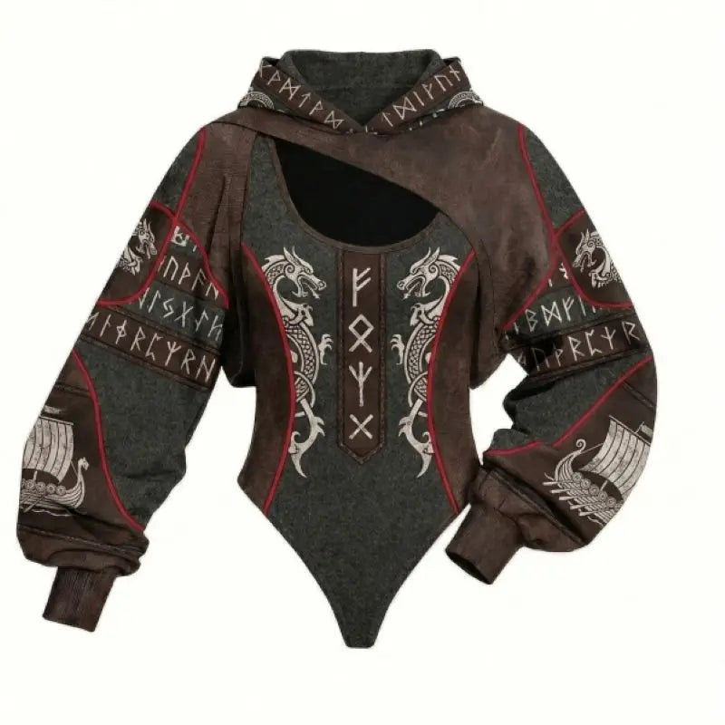 Ladies Viking Pattern Hooded Jumpsuit 2PCS Set Daily Home Lounge Streetwear Outdoor Walking Holiday Simple Comfortable Two Piece