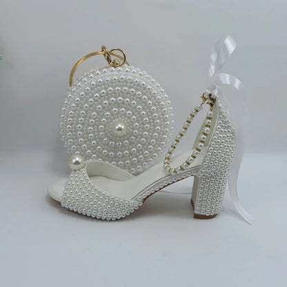 2024 New Customized White Women's Sandals Bridal Shoe Bag Set Women's Coarse Heel Big Pearl Women's Fashion Sandals Party Shoes