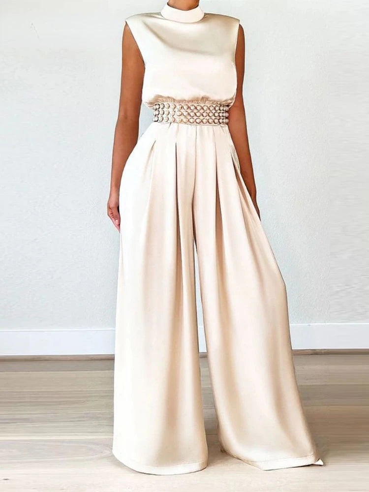 Women's Jumpsuit 2024 Spring Summer New Elegant Wide Leg Pants Bodysuit High Collar Sleeveless Jumpsuits for Women Full Length