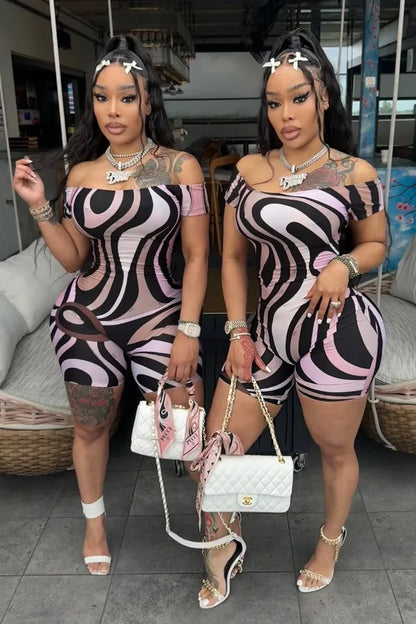 FAGADOER Sexy Stripe Print Bodycon Romper Women Off Showlder Backless One-piece Jumpsuits Hot Girl Streetwear Overalls 2025 New