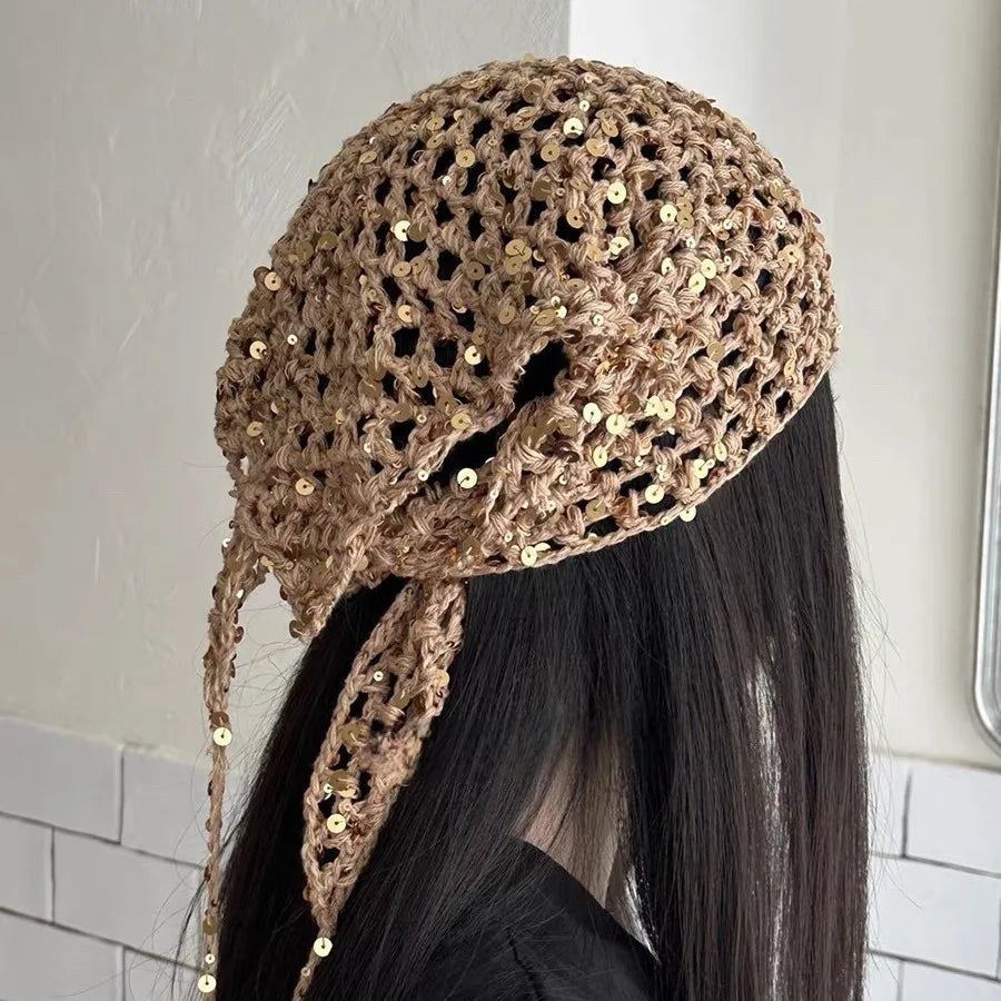 French Retro Knitted Triangular Towel Female Hottie Travel Sweet and Cute Literary Style Handmade Crochet Headscarf Headband