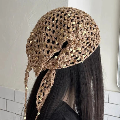 French Retro Knitted Triangular Towel Female Hottie Travel Sweet and Cute Literary Style Handmade Crochet Headscarf Headband