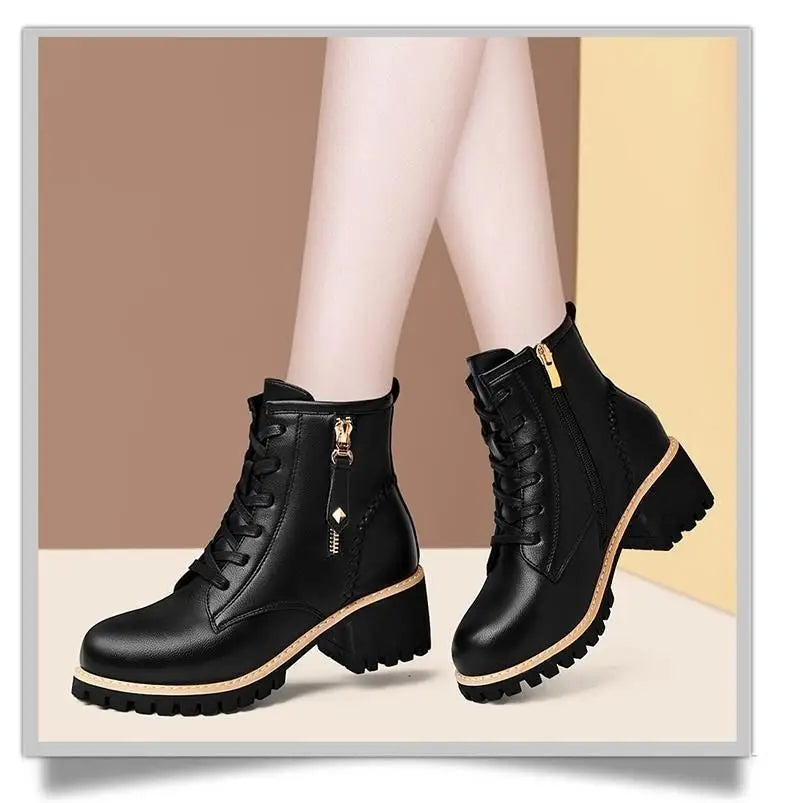 Women Shoes Boots Ankle 2022 New Autumn British Wind Genuine Leather Thick With Fur Ladies Short Boots Motorcycle heels boots