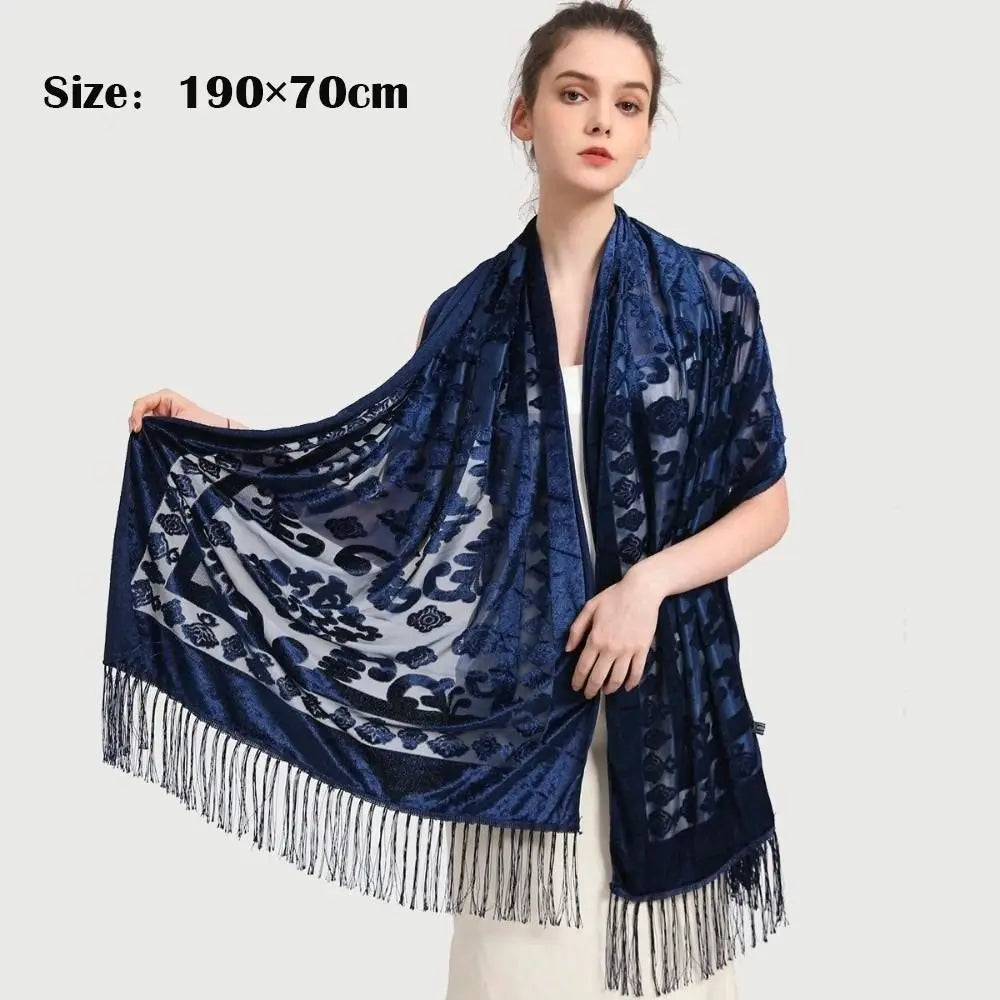 Ethnic Style Chinese Dress Shawl Elegant Design Versatile Use Long Fringed Scarf Warm Material Fringed Edge Velvet Scarf