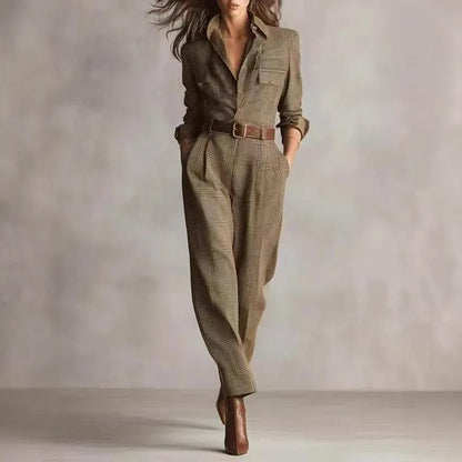 Womens Retro Plaid Jumpsuit Fashion Lapel Collar Button Pocket Long Workwear Jumpsuit AutumnCasual Office Jumpsuits