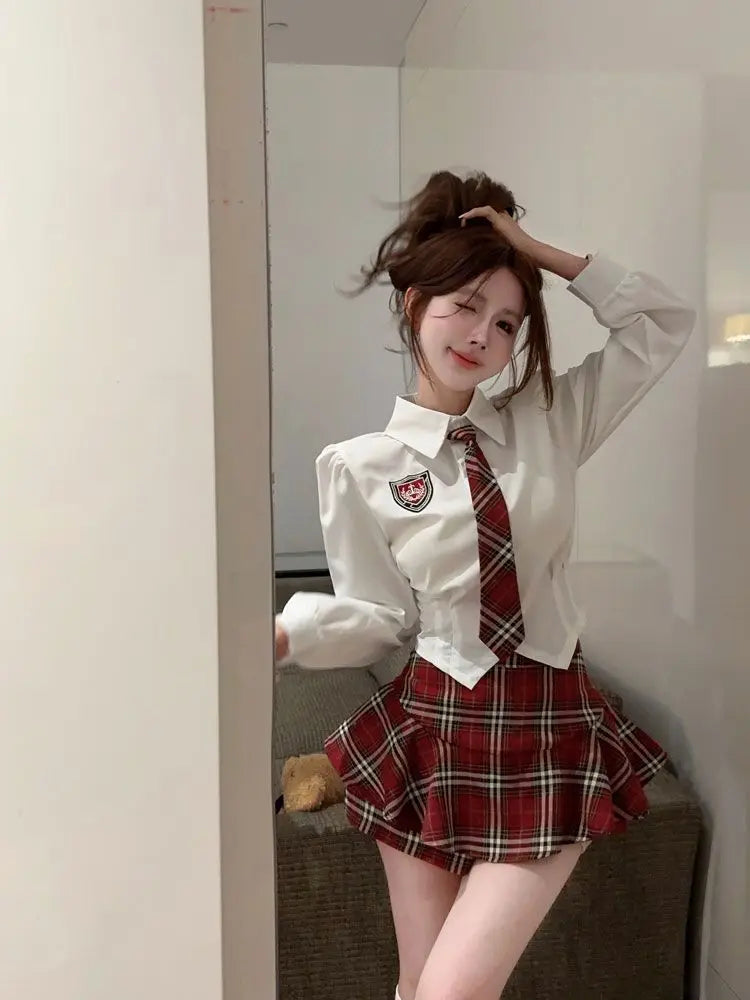2025 improved cute sexy korea jk suit women autumn jk school uniform women shirt plaid pleated half skirt fashion two-piece set