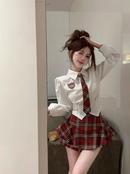 2025 improved cute sexy korea jk suit women autumn jk school uniform women shirt plaid pleated half skirt fashion two-piece set