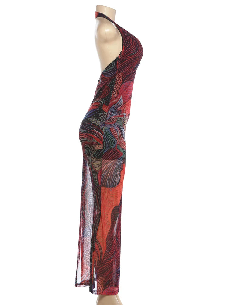 Weird Puss Diamond Print Dress Women Backless Split Colorful Halter Sexy Deep V-Neck Elegant Birthday Party Stretch Vestidos