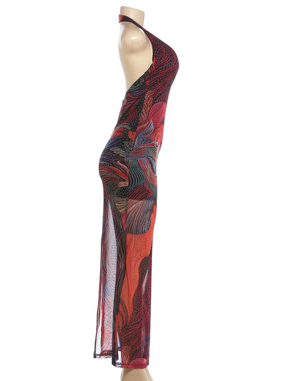 Weird Puss Diamond Print Dress Women Backless Split Colorful Halter Sexy Deep V-Neck Elegant Birthday Party Stretch Vestidos