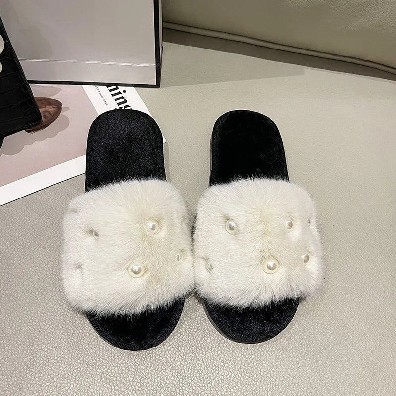 Perle Fluffy Slippers Home Winter Casual Designer Shoes Women 2025 New Luxury Indoor Plush Slides Girls Fashion Elegant Footwear