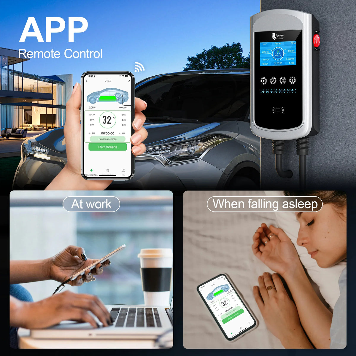 Feyree GB/T EV Charger 7.6kw 32A Dynamic Load Balancing Wallbox 4.3inch LCD Wifi APP Charging Log 11KW 22KW 3P Charging Station