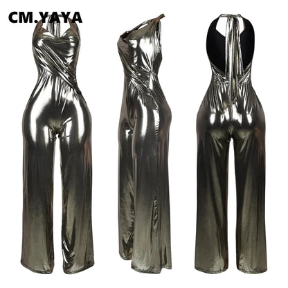CM.YAYA Women Heaps Collar V-Neck Backless Wide Leg Straight Sleeveless Jumpsuits Spring Sexy One Piece Set Streetwear Outfits