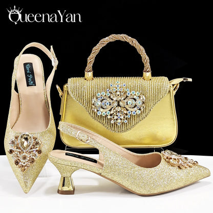 QSGFC Hot Selling INS Pointed-Toe Luxury Style Women High Heels Sandal With Bag Set Orange color Color For Wedding Party