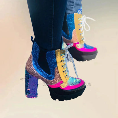 Colorful Sequins Patchwork Round Toe Platform Boots Cross Tied Women Shoes Chunky High Heels Fashion 2025 Zapatos Para Mujere
