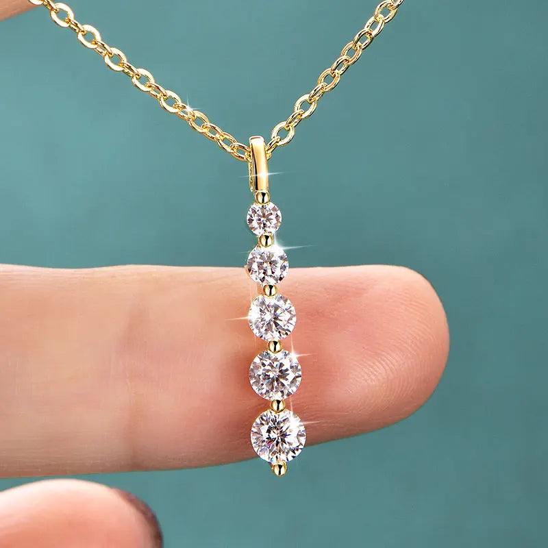 Rrjzz D Color Round Moissanite Pendant Necklace for Women 14K Gold Filled 5-Stone Lab Imitation Diamond Necklace GRA Certified