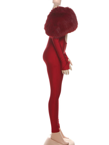 Weird Puss Furry Slash Neck Jumpsuits Woman Luxury Hipster Patchwork Trend Sexy Hollow Stretch Fitness Club Activity Overalls