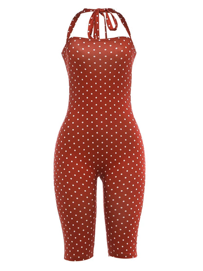 Weird Puss Sexy Backless Rompers Woman Polka Dot Print Bandage Halter Sleeveless Skinny Peach Hip High Street Fashion Playsuits