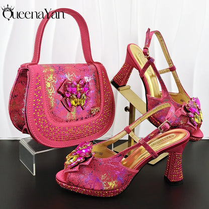 New Arrval Print and Colorful Rhinestone Design Lilac Color Party Wedding Shoes and Essential for Banquets, Exquisite HandBag