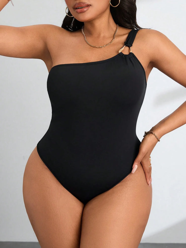 Plus-Size Women's Jumpsuit Sexy One-Shoulder Gold Ring Detail Solid Color Waist-Defining Pants Slimming Shaping One-Piece
