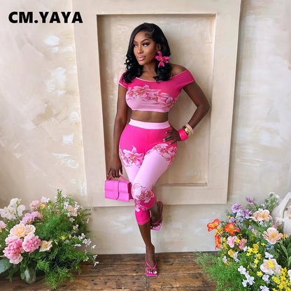 CM.YAYA Fashion Women's Set Short Sleeve Floral Print Tops and Calf Length Pants 2026 Beach Two 2 Piece Sets Outfits Tracksuit