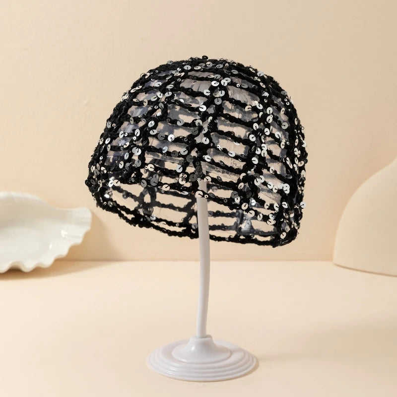 Fashion Vintage Sequined Hollow Pullover Hats Women Spring Summer Travel Photo Atmosphere Versatile Y2K Knit Beanie Hat Girl