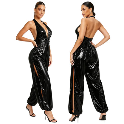 Womens Ruched Waist Back Invisible Zipper Side Split Bodysuit Glossy Water Resistant Rompers Halter Backless Jumpsuit Clubwear