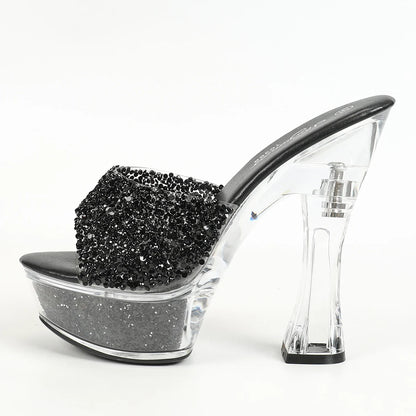 Women Slippers 14CM Luxury Party Shoes Designer Transparent Platform Summer High Heels 2024 New Glitter Sequined Stage Sandals