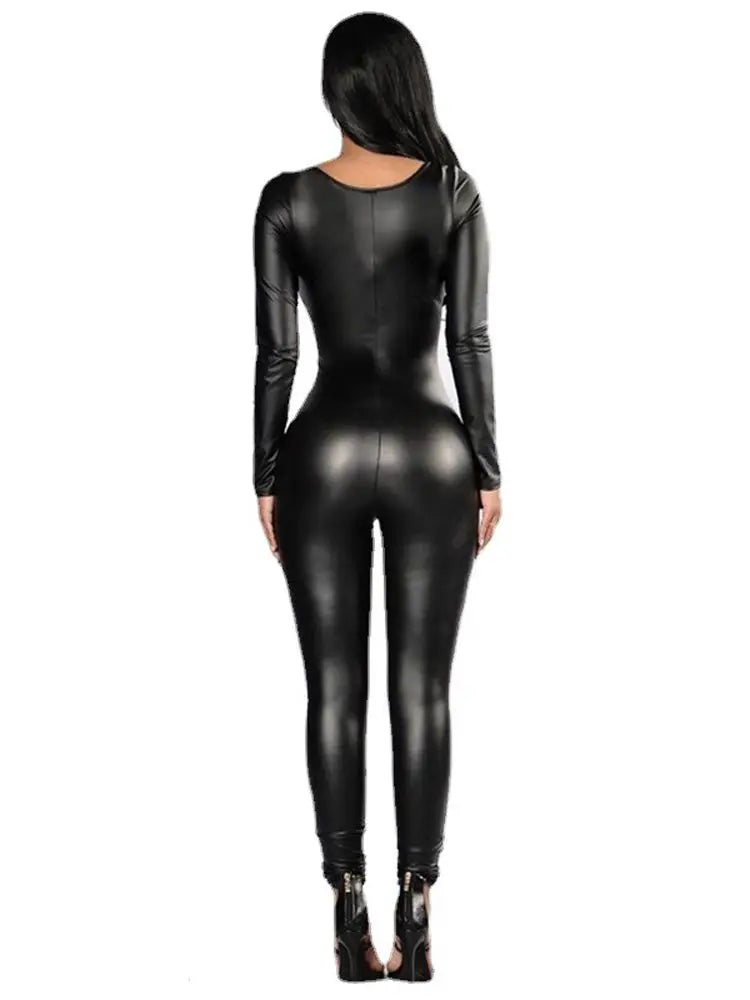 New Elastic Patent Leather Long Sleeve Jumpsuit Tights Cosplay Bodysuit Leotard Sexy Catsuit Clubwear Lingerie Teddies Jumpsuit