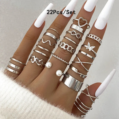 28Pcs Fashion Geometric Knuckle Rings Set For Women Crystal Heart Gold Silver Color Rings Girls  Party Jewelry Accessories