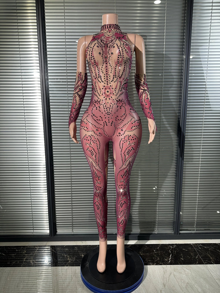 Chic Sheer Mesh Full Body Jumpsuit Women Sexy Rhinestone Embellished High Neck Slim-fit Outfit Nightclub Evening Party Costume
