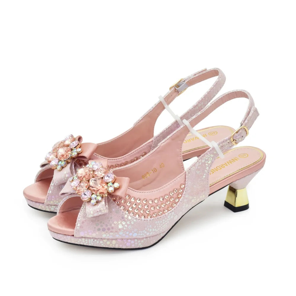 New Arrival Nigerian Women Heel Party Shoes and Bag Set Champagne Colour Rhinestone Handbag Italian Design Wedding