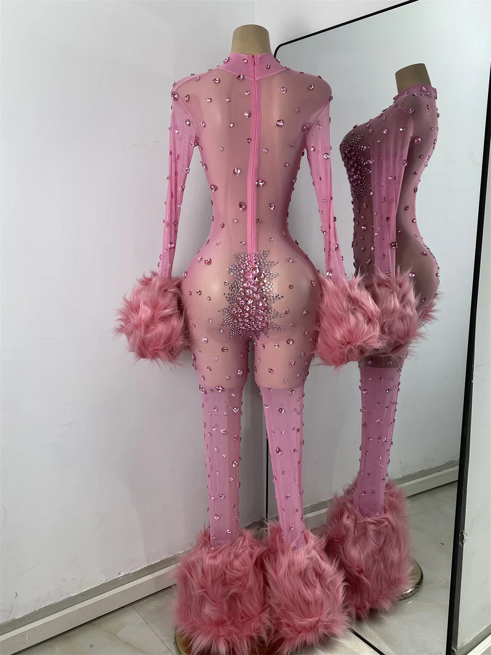 Luxury Diamonds Mesh Transparent Stretchy Jumpsuit for Women Sexy Long Sleeve Performance Singer Costume Nightclub Outfit 2025