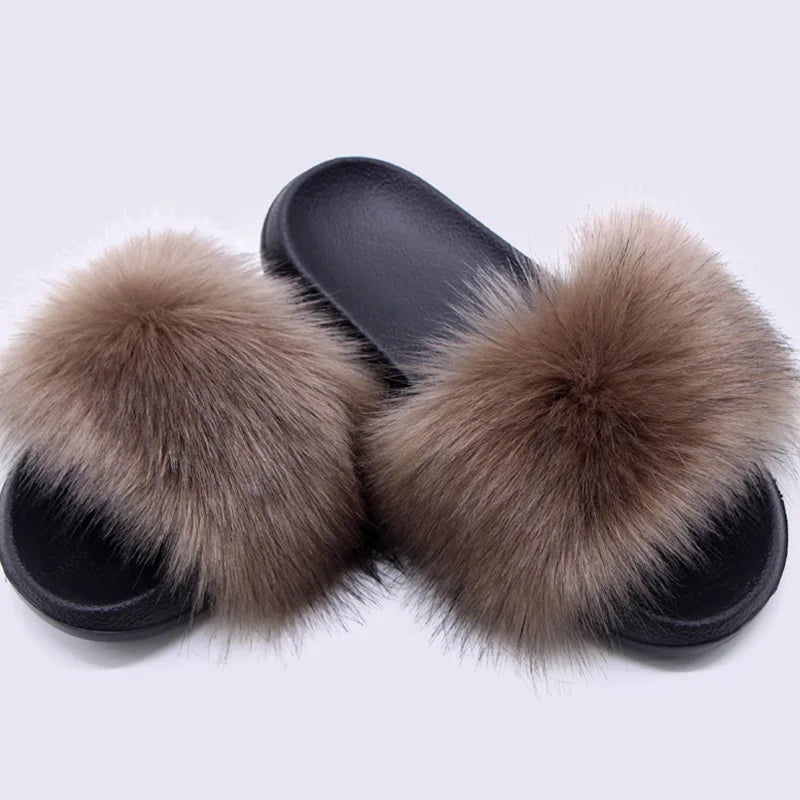Women's  Faux Fox Fur Slides Fluffy Open Toe Slippers Indoor Outdoor Casual Flat Sandals Luxury Furry Slide Shoes for Ladies