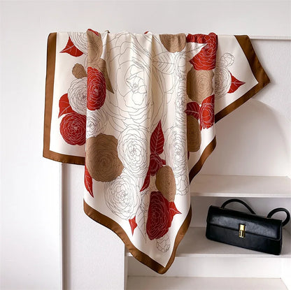 90cm Floral Print Silk Square Scarf Women Luxury Brand Satin Shawls Neckerchief Wrap Scarves Bandana Hair Hjiab Bohemian Style
