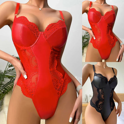 Women Onesie Sexy Lingerie Bodysuit PU Leather Mesh Patchwork V-Neck Backless Jumpsuit Sexy Fun Underwear Valentines Day Gift
