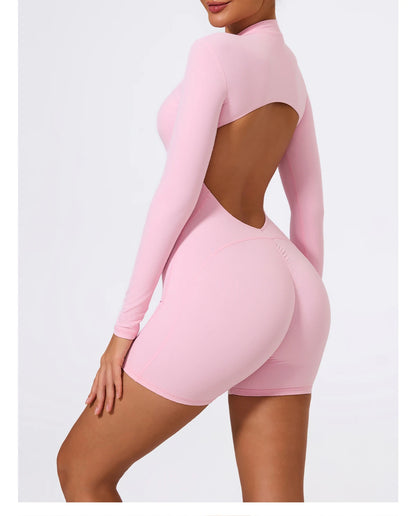 Summer V Back Scrunch One-Piece Suit Push Up Sports Jumpsuit Woman Fitness Zipper Overalls Workout Rompers Women Gym Bodysuits