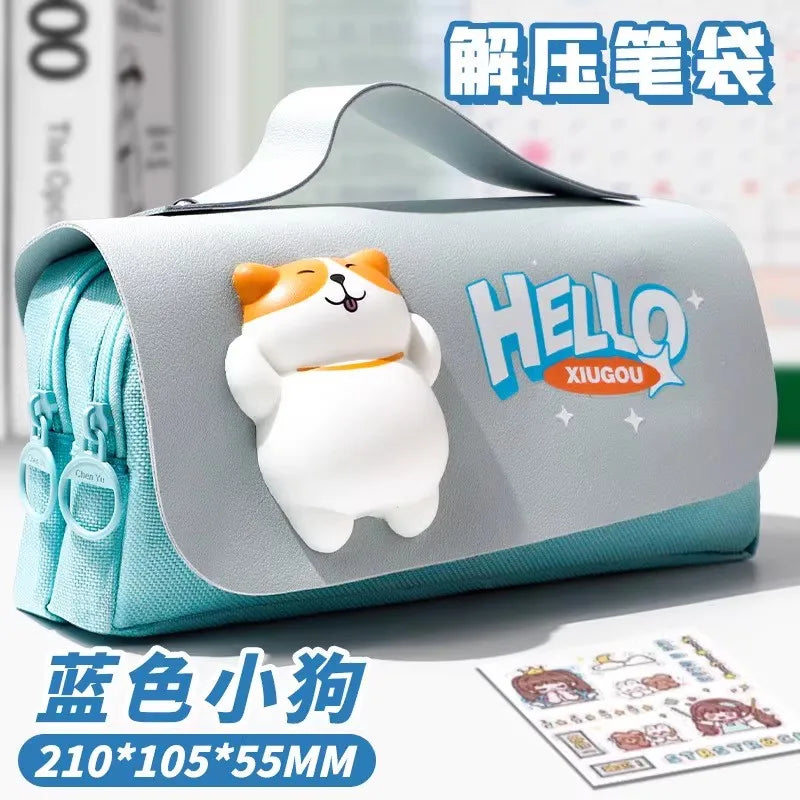 Green Panda Pencil Bag Large Capacity Stationery Pen Case Bear Dog Cat Handle Storage School Supplies Gift Box PU Ruler Holder A