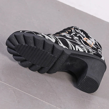 Women's Fashion Round Toe Boots High Heeled Women Boots Cross Straps Short Boots Zipper Printed Comfortable High Heeled Shoes
