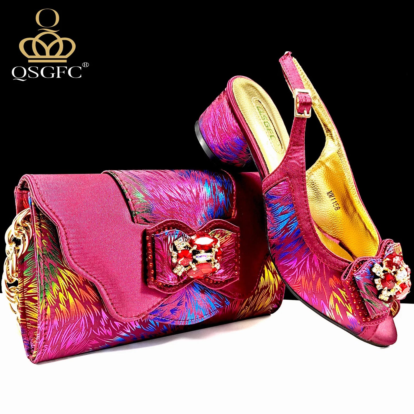 QSGFC Italian Design Color Matching Rhinestone Comfortable High Heel Shoes And Bag Fashion Style Pointed-Toe Shoes For Women