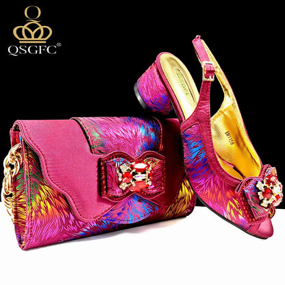QSGFC New Design Nigerian Style Women Heels Shoes And Elegant Bag Set Color Matching Handbag Wedding Party Women Shoes