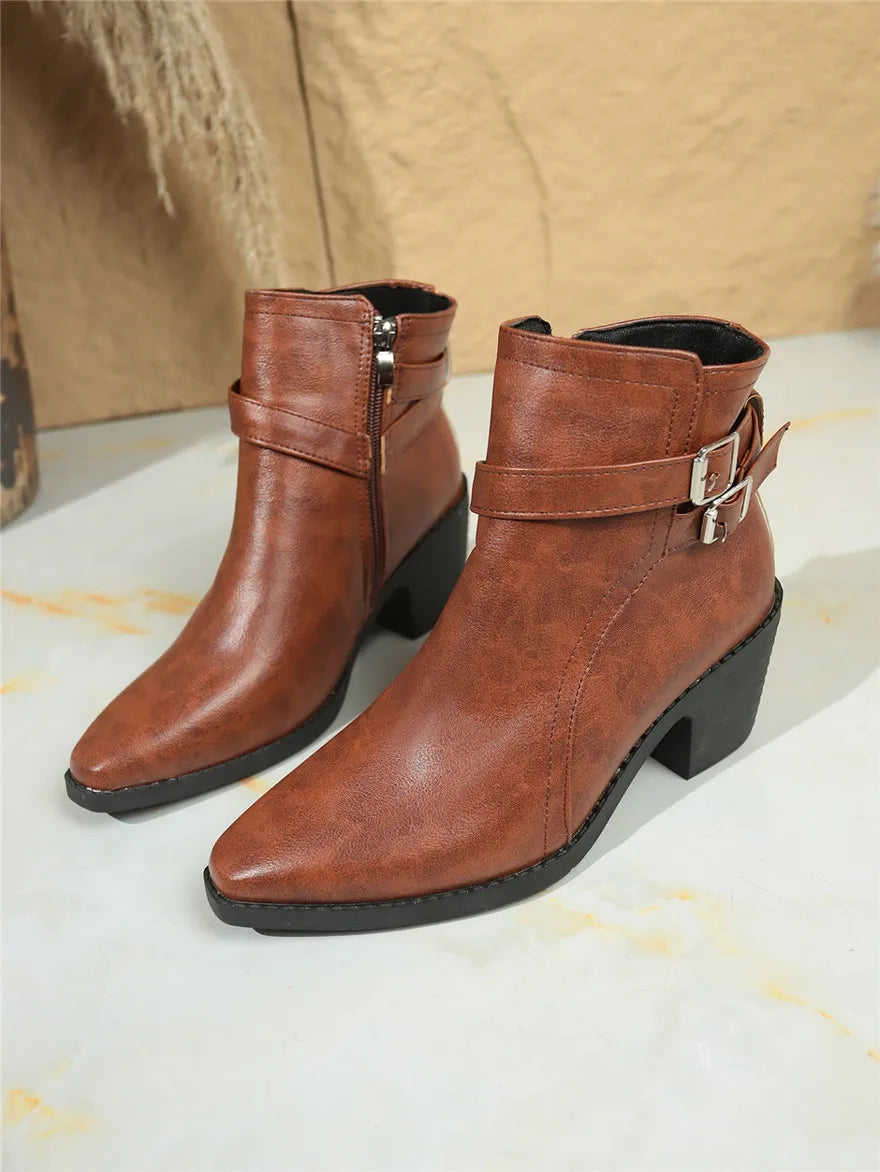 Retro Belt Buckle Women Short Ankle Boots Plus Size 43 Autumn Zipper Soft Leather Square Heel Ladies Pointed Toe Party Shoes New