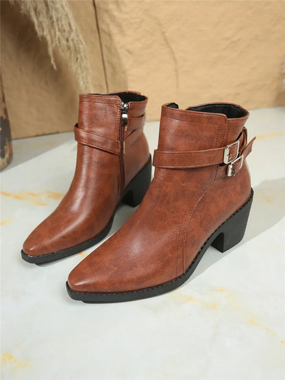 Retro Belt Buckle Women Short Ankle Boots Plus Size 43 Autumn Zipper Soft Leather Square Heel Ladies Pointed Toe Party Shoes New
