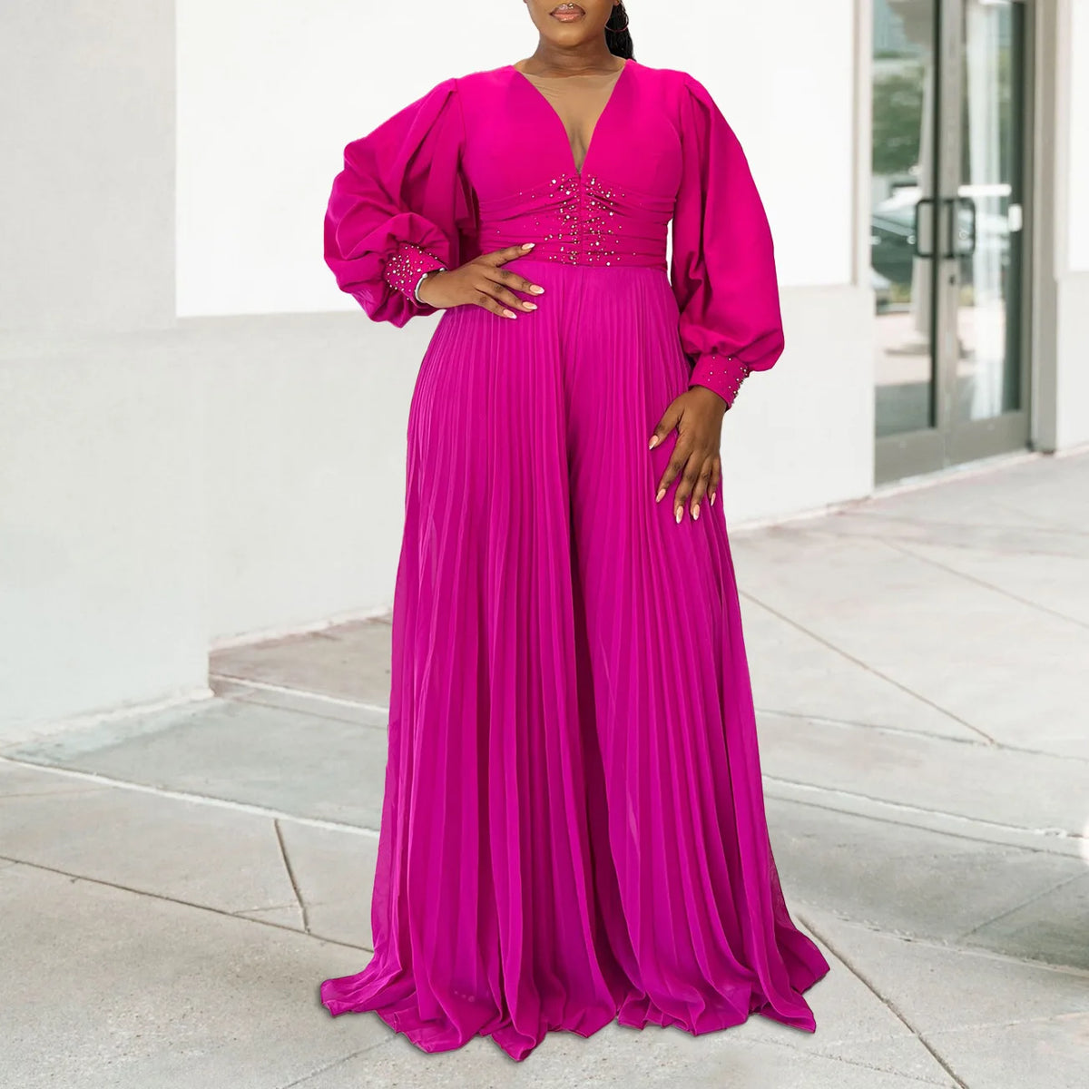 CM.YAYA Women Diamonds Long Sleeve Pleated V-neck Wide Leg Long Jumpsuits Party Beach Fashion Street Sexy Africa Outfit Rompers