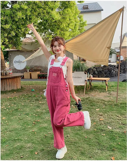 Vintage Pink Denim Overalls Adjustable Strap Wide Leg Jumpsuit Y2K Cute Campus Casual Pants