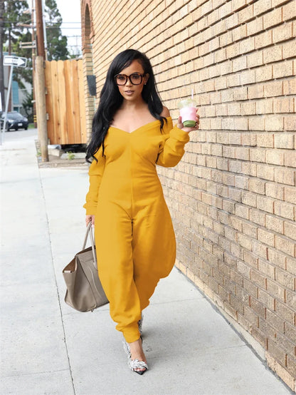 Doyerl Autumn Winter Solid Jumpsuits for Woman Long Sleeve Romper Sexy Off the Shoulder V-neck One Pieces Overalls Combinaison