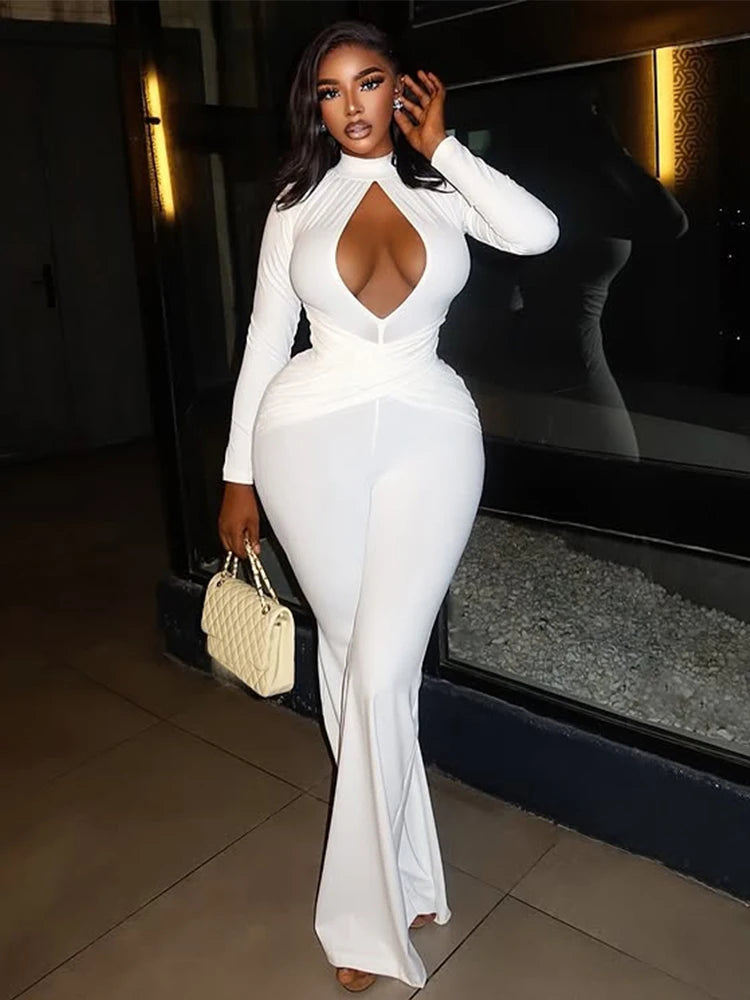 Sexy Hollow Design Flared Jumpsuits Woman Turtleneck Full Sleeve Skinny Peach Hip Hot Girls Midnight Club Party Overalls